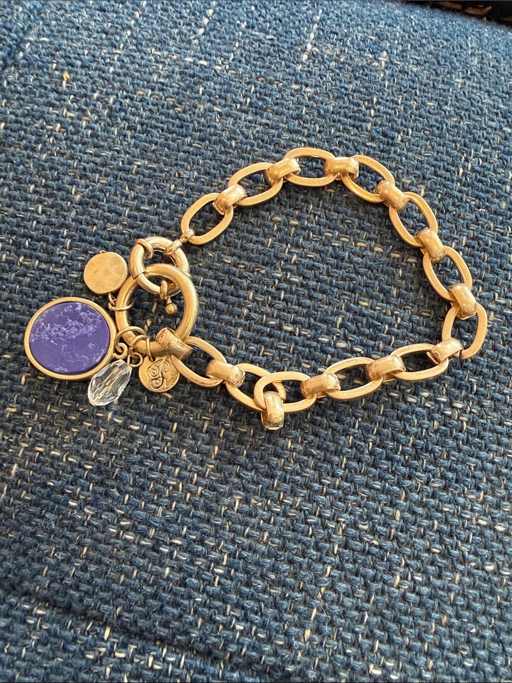 Plunder Gold-Tone Link Bracelet with Blueish Purple Stone Charm
